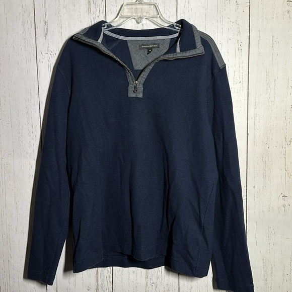 Banana Republic Navy Blue Waffle Knit Grey Patchwork Collared Quarterzip Sweater - Picture 1 of 6